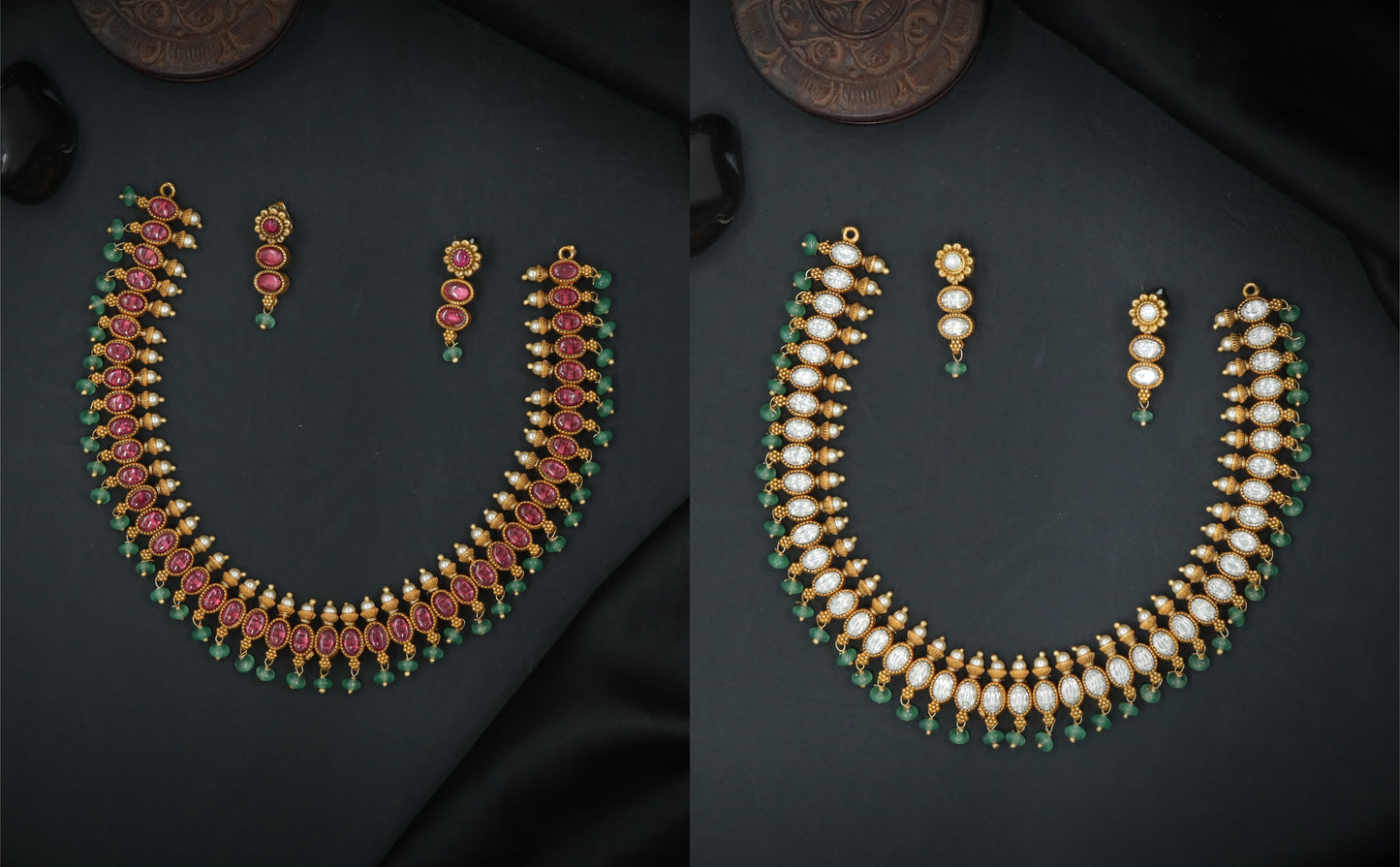 Silver Reversible Oval Stone Necklace Set