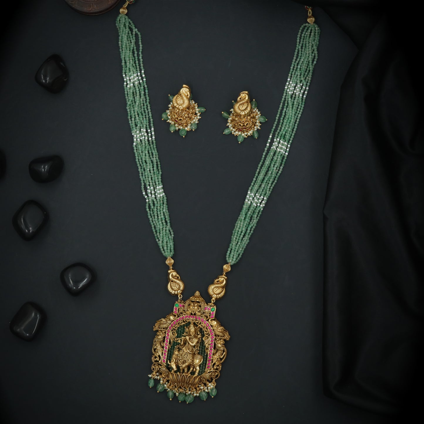 Silver Krishna Peacock Arch Long Haara Set