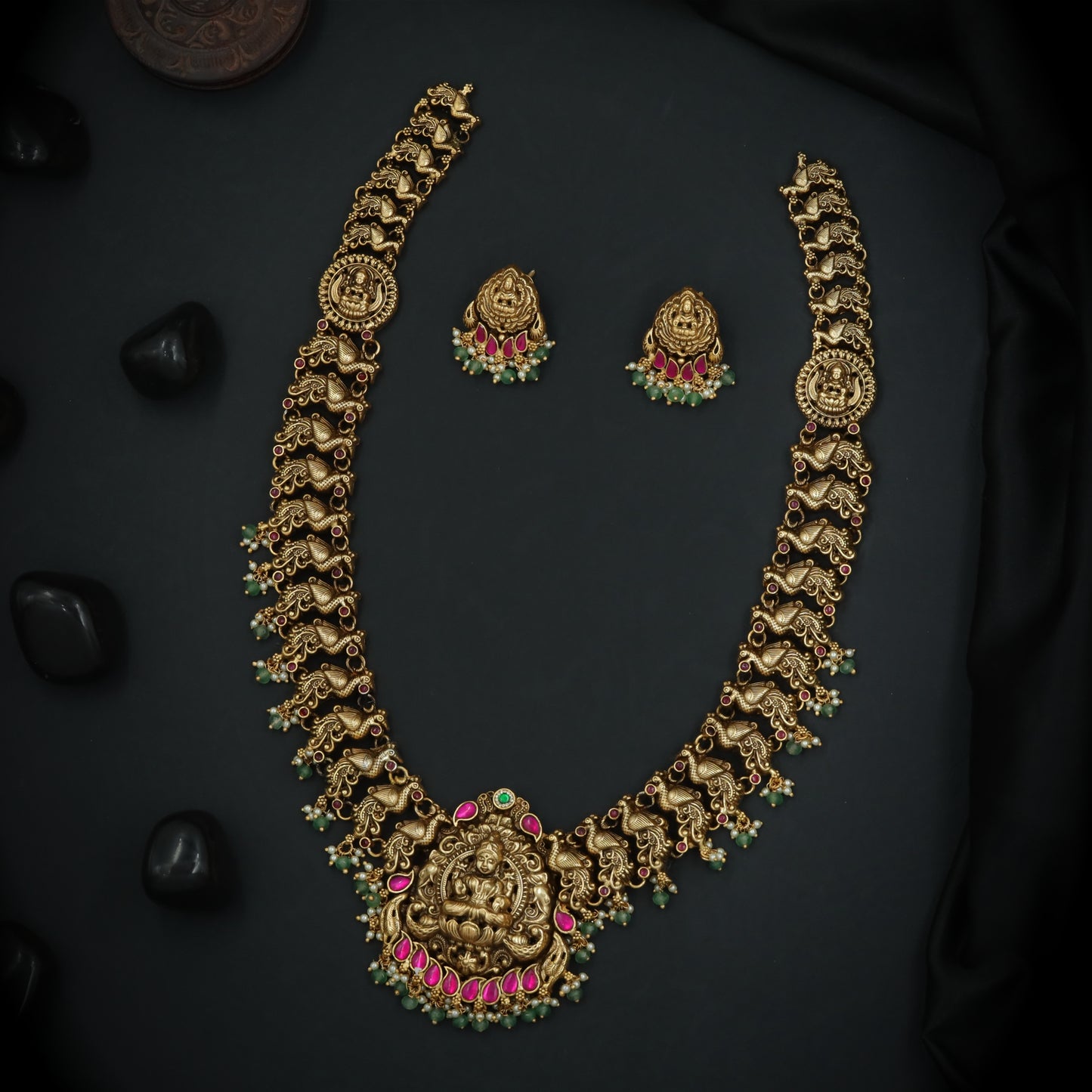 Silver Goddess Lakshmi Peacock Long Haara Set