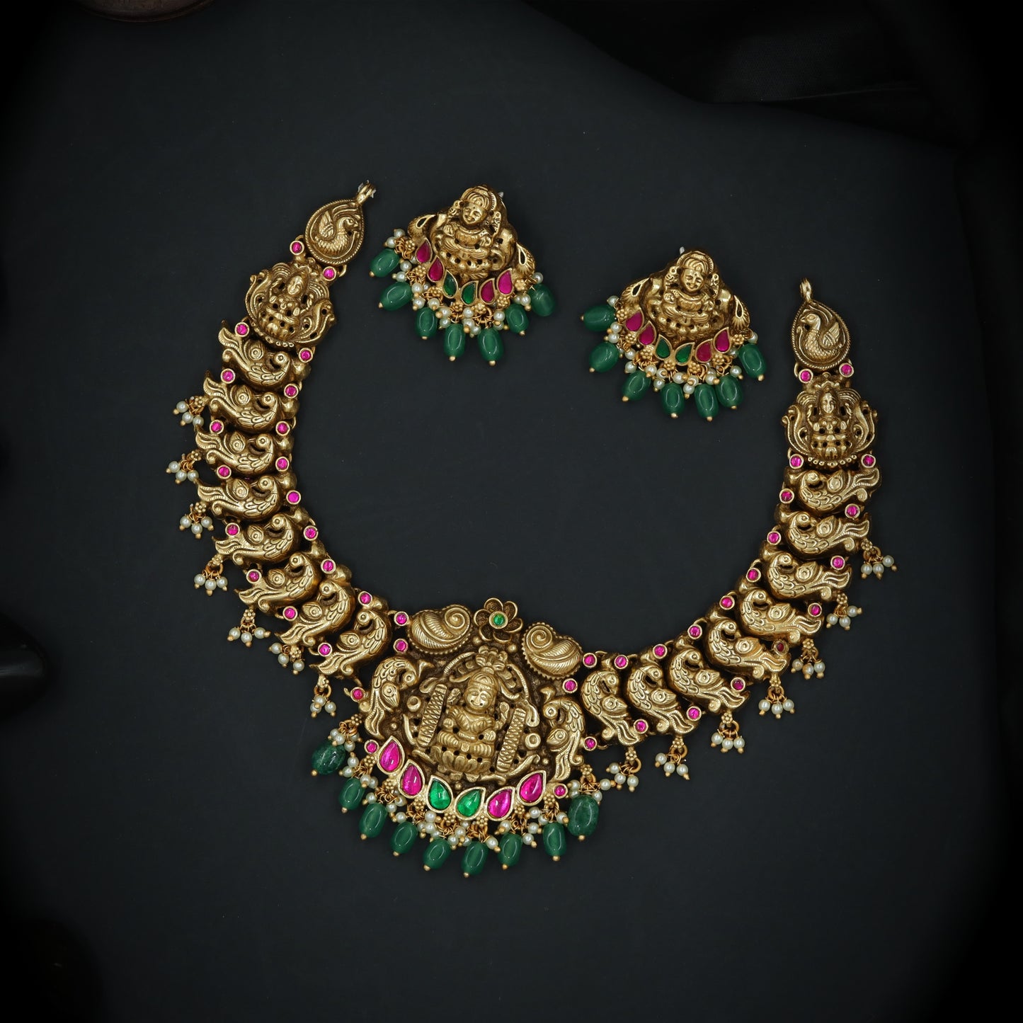 Silver Goddess Lakshmi Peacock Panel Necklace Set