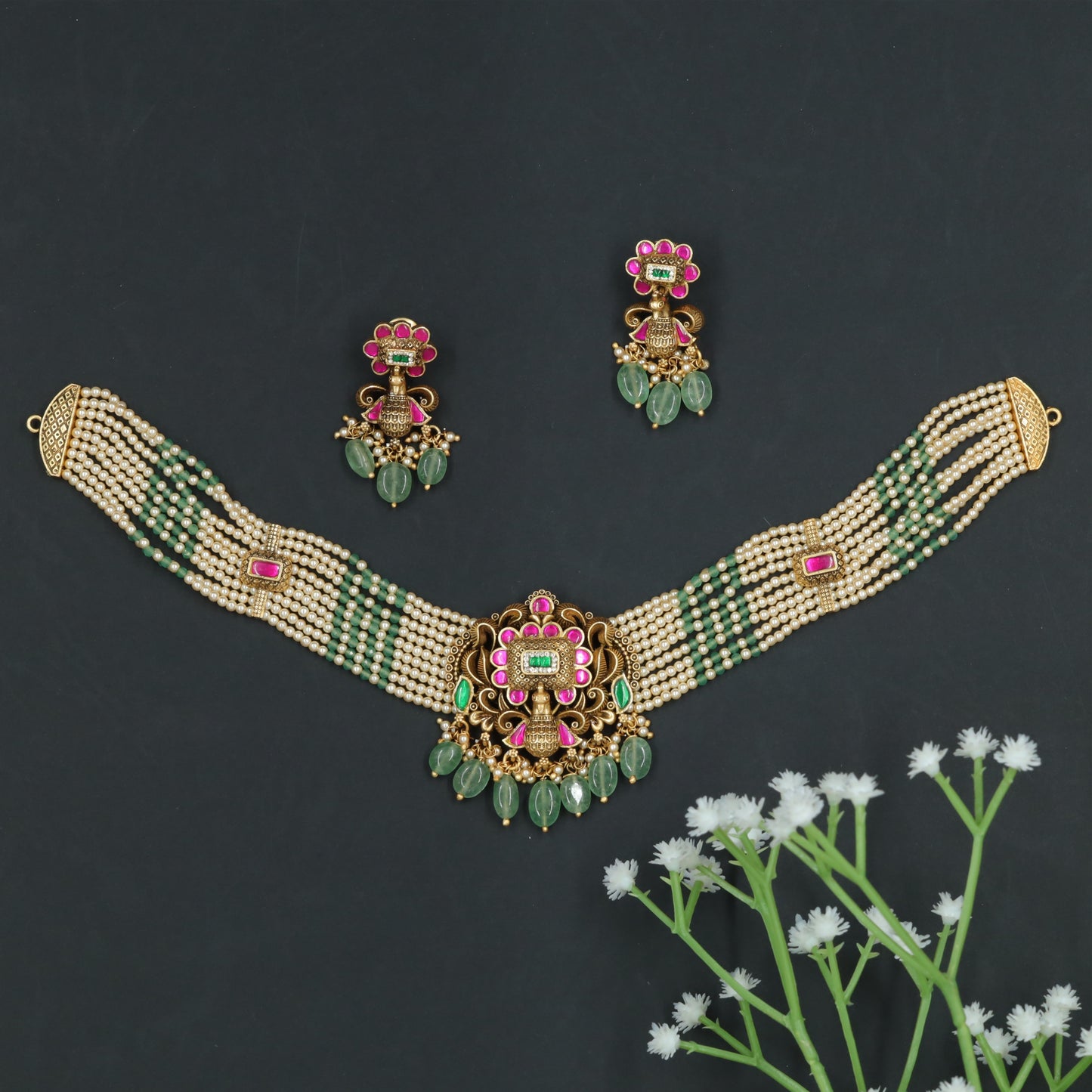 Broad Pearl-Row Choker Featuring Pecock and Rectangular Stone Panels and Danglers