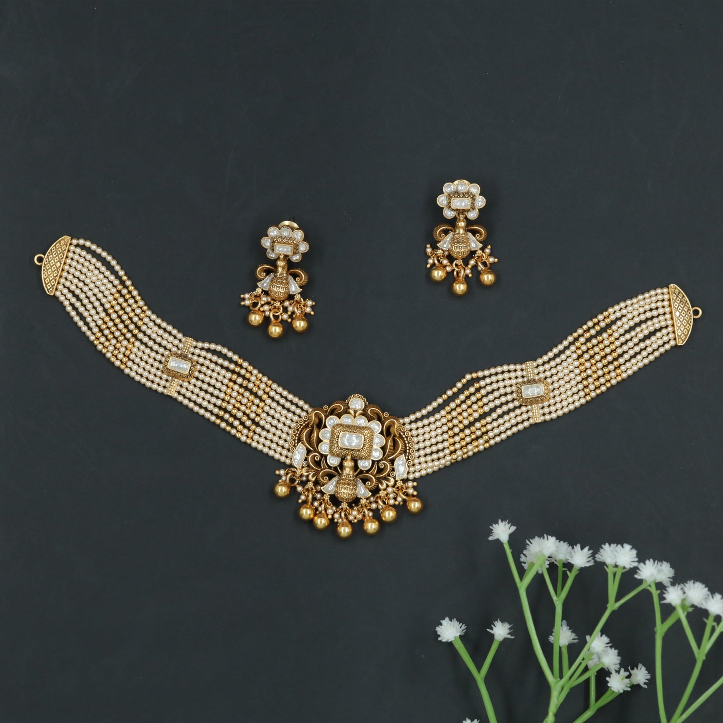 Broad Pearl-Row Choker Featuring Pecock and Rectangular Stone Panels and Danglers