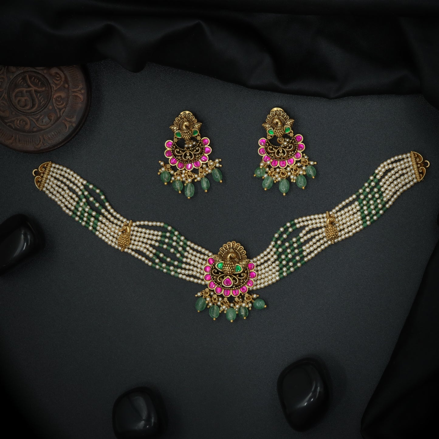 Silver Lakshmi Pearl-Strand Choker Set