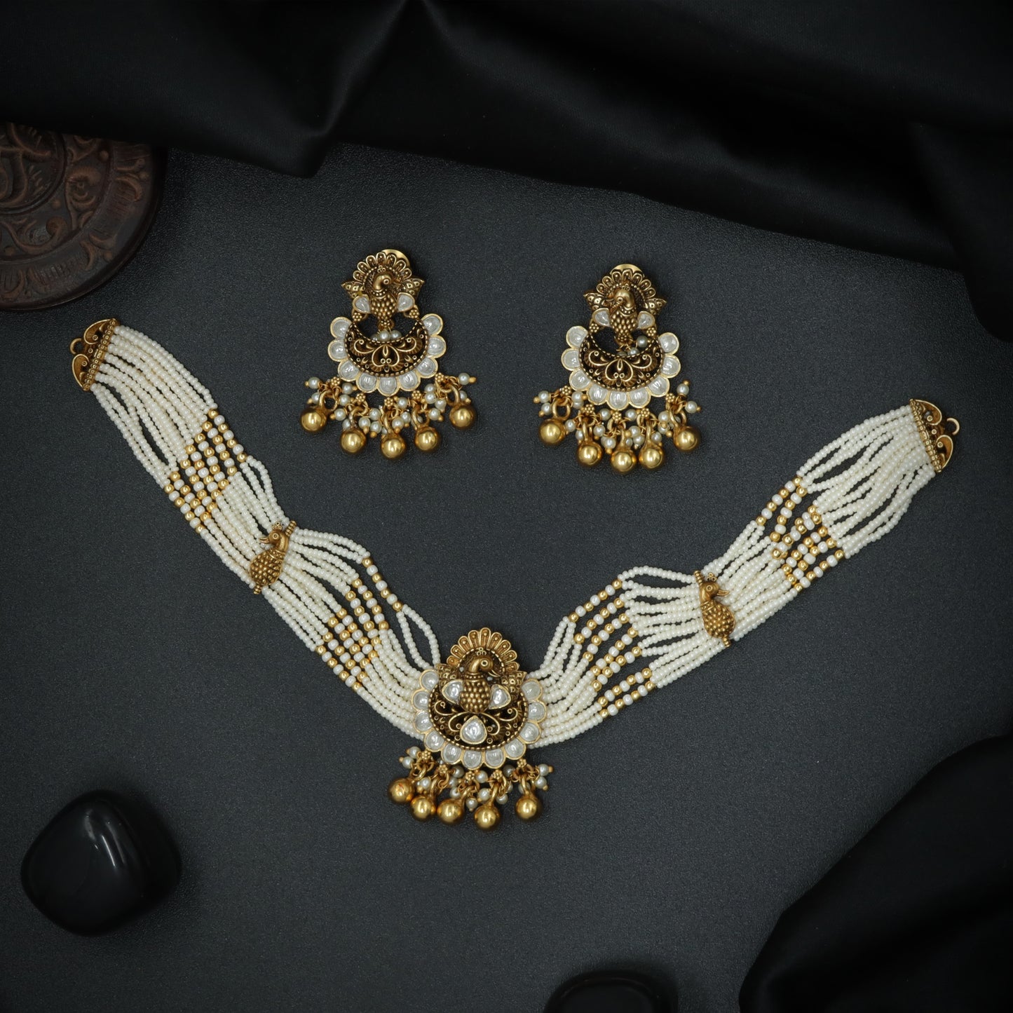 Silver Lakshmi Pearl-Strand Choker Set