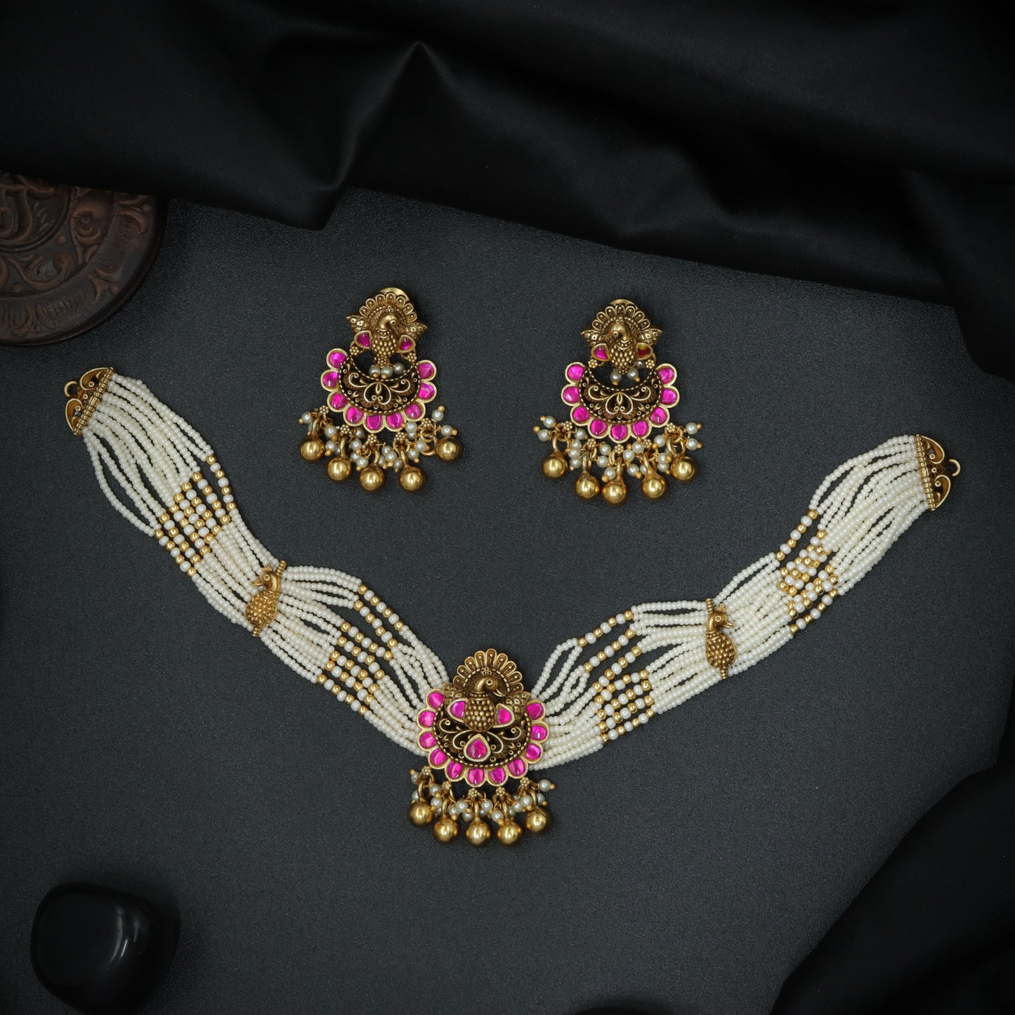 Silver Lakshmi Pearl-Strand Choker Set