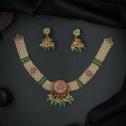 Silver Lotus-Round Pearl Choker Set