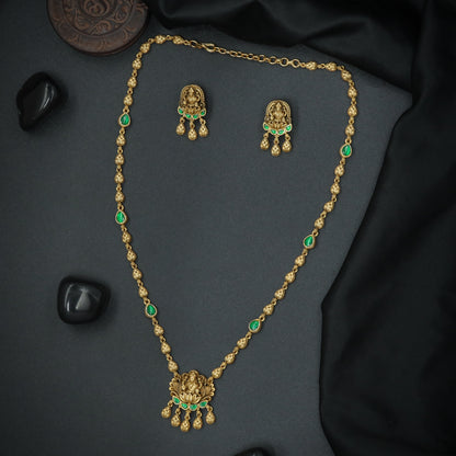 Silver Lakshmi Emerald-Link Pendant Chain Set