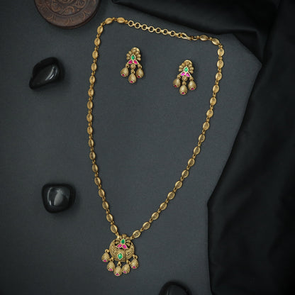 Silver Petal-Link Drop Pendant Chain Set