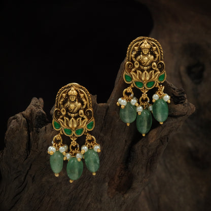 Silver Goddess Lotus Jade Drop Stud Earrings