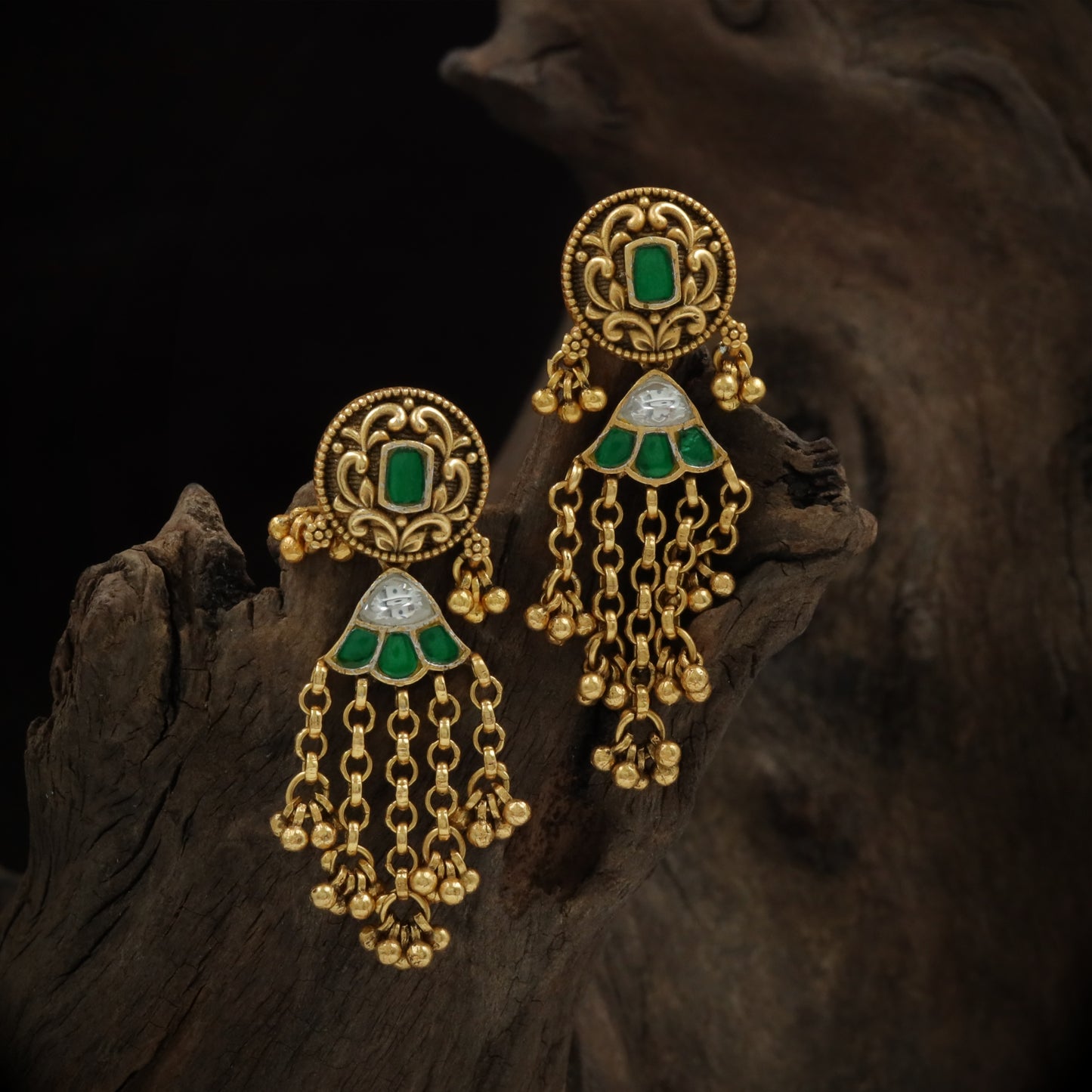Silver Emerald Crest Chain-Drop Hanging Earrings