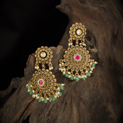 Floral Silver Hanging Earrings with Pearl & Bead Drops.