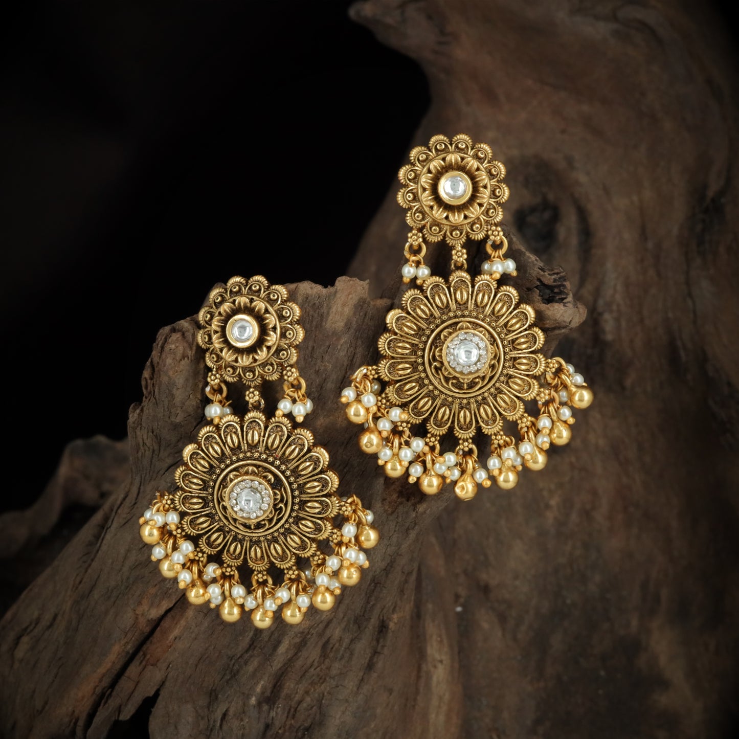 Floral Silver Hanging Earrings with Pearl & Bead Drops.