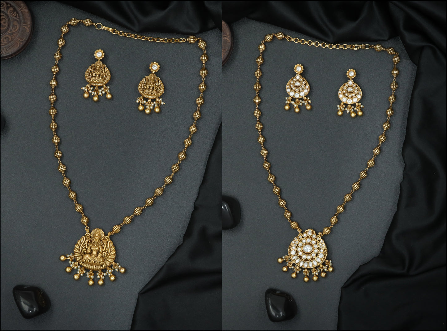 Double side Antique Gold-Tone Temple Pendant Necklace Set