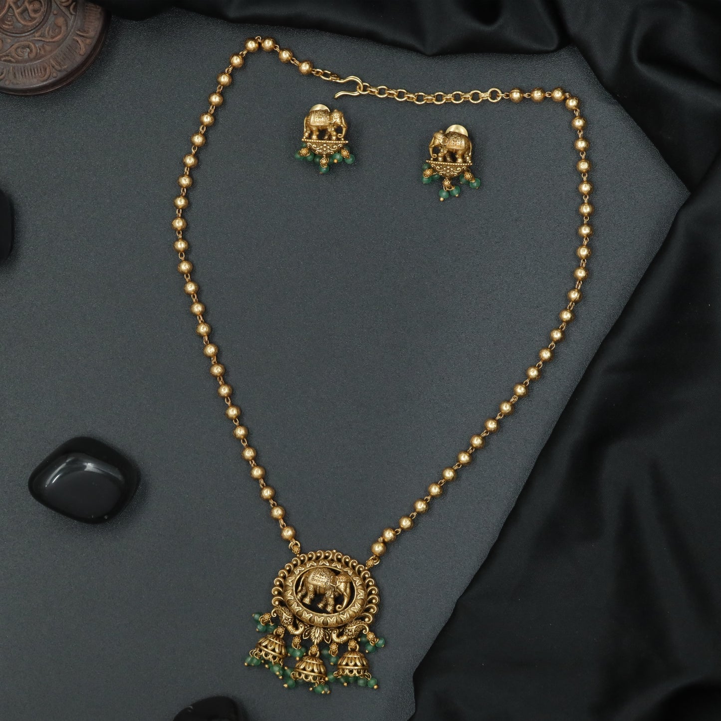 Classic Temple Beaded Necklace Set with Elephant Motif