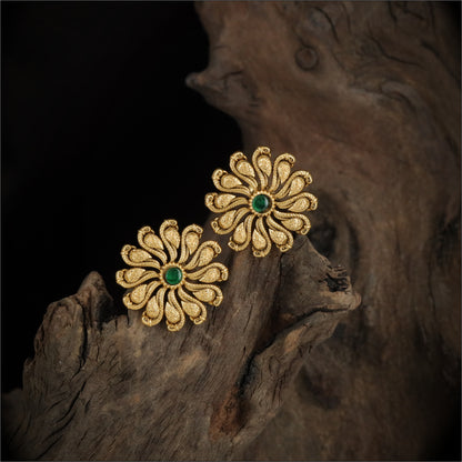 Floral Silver Stud Earrings with Green Stone