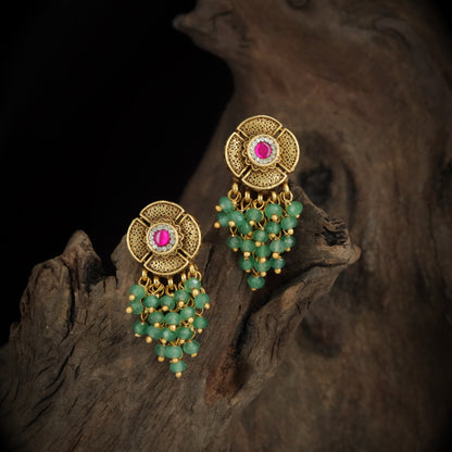 Floral Silver Stud with Green And White Bead Drops