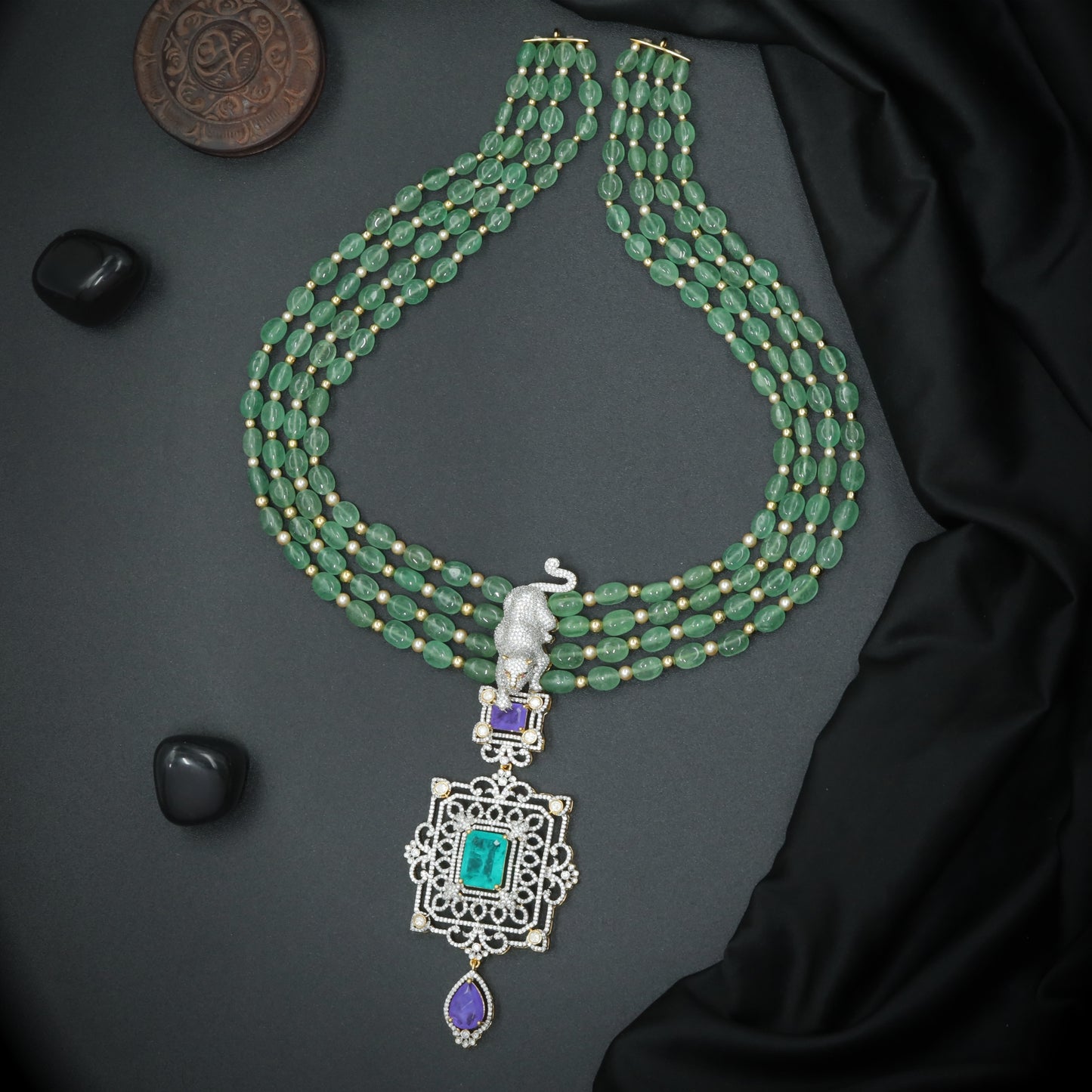 Silver Green Bead Line Haara with Panther Accent Drop