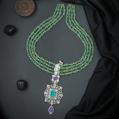 Silver Green Bead Line Haara with Panther Accent Drop