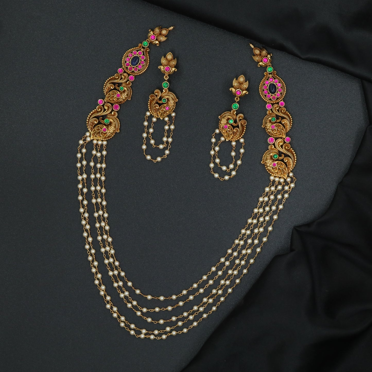 Silver Paisley Scroll Beaded Long Haara Set