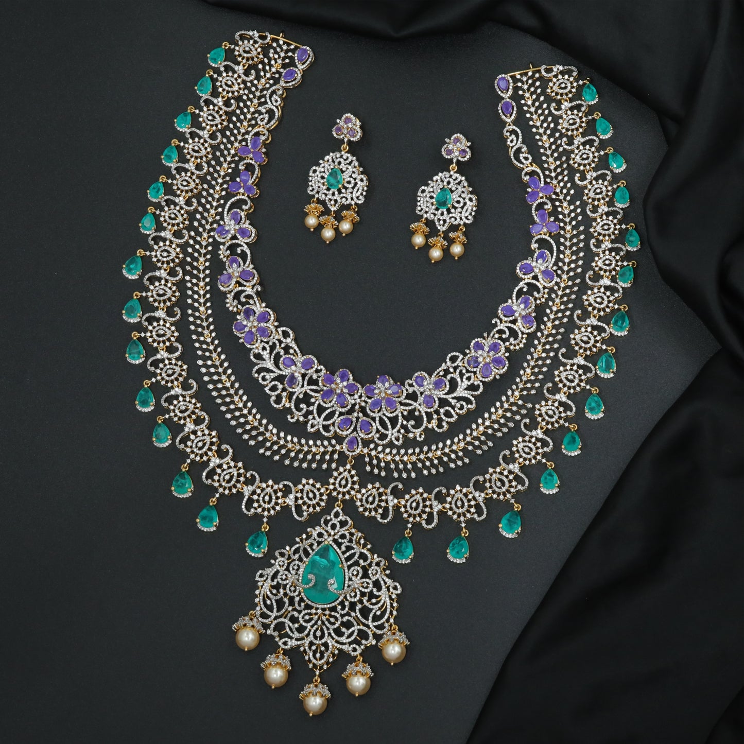Silver Floral Vine Long Haara Necklace Set