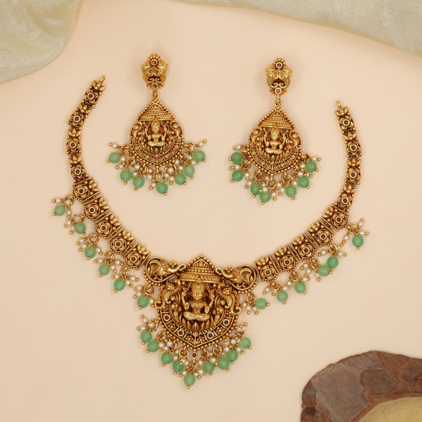Antique Goddess Lakshmi Temple Bead Drop Necklace Set