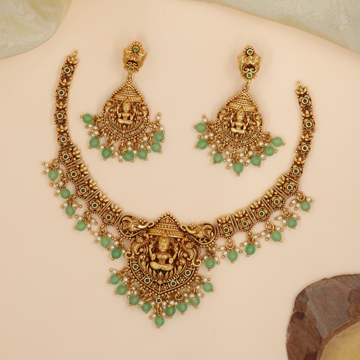 Antique Goddess Lakshmi Temple Bead Drop Necklace Set