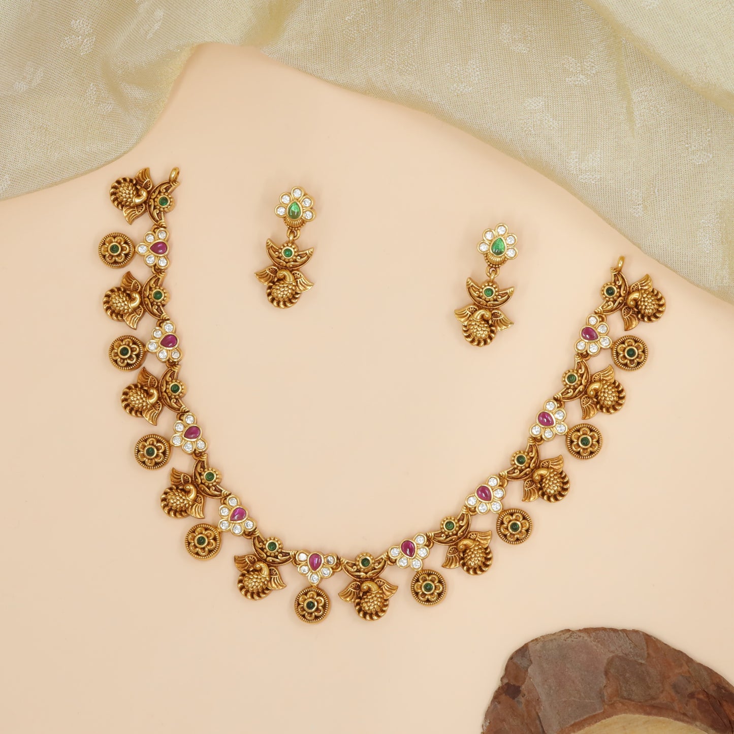 Silver Peacock Shell Motif Necklace Set