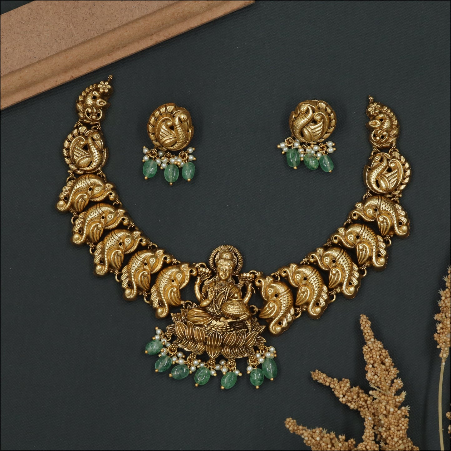 Sculpted Lakshmi Pendant Broad Peacock Link Silver Necklace
