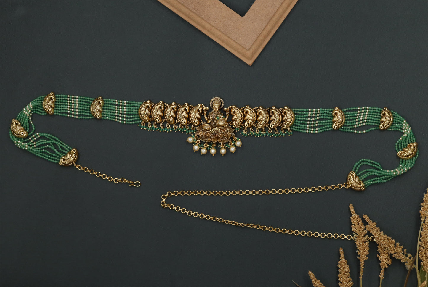 Lakshmi Idol Panel with Beaded Strands Silver Waist Belt