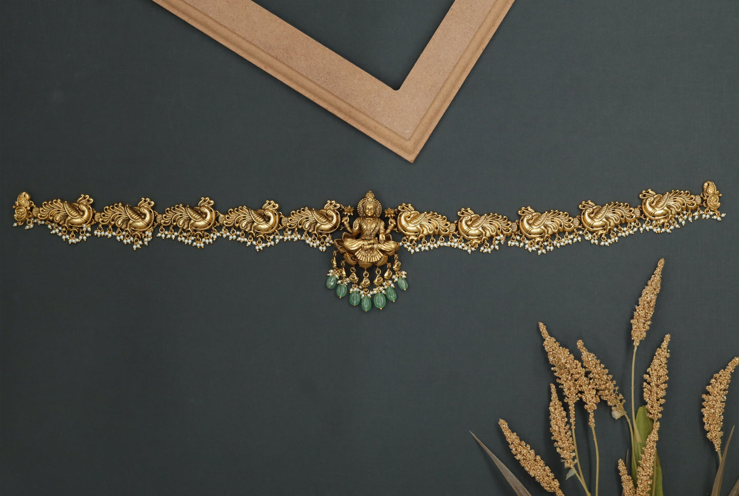 Seated Lakshmi Centre with Peacock Link Silver Waist Belt
