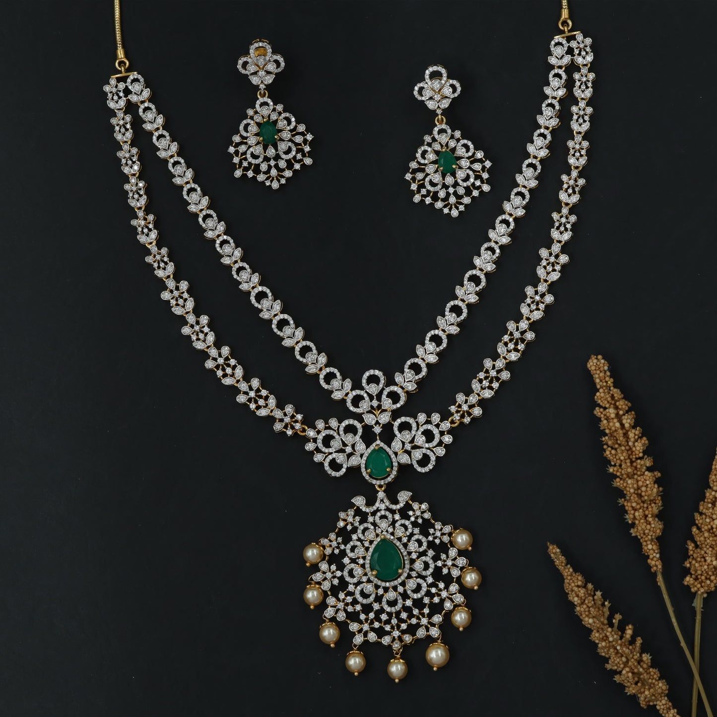 Silver Sculptural Necklace with Twin-Row Layout and Drop Cascade