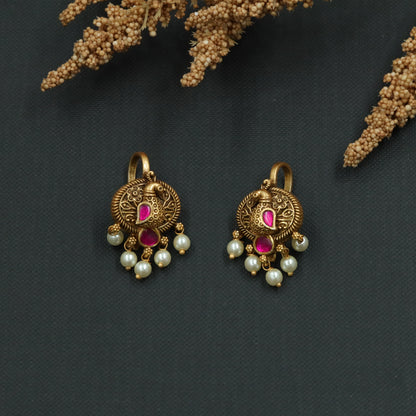Classic Peacock Circular Silver Bugadi with Bead Drop Accents