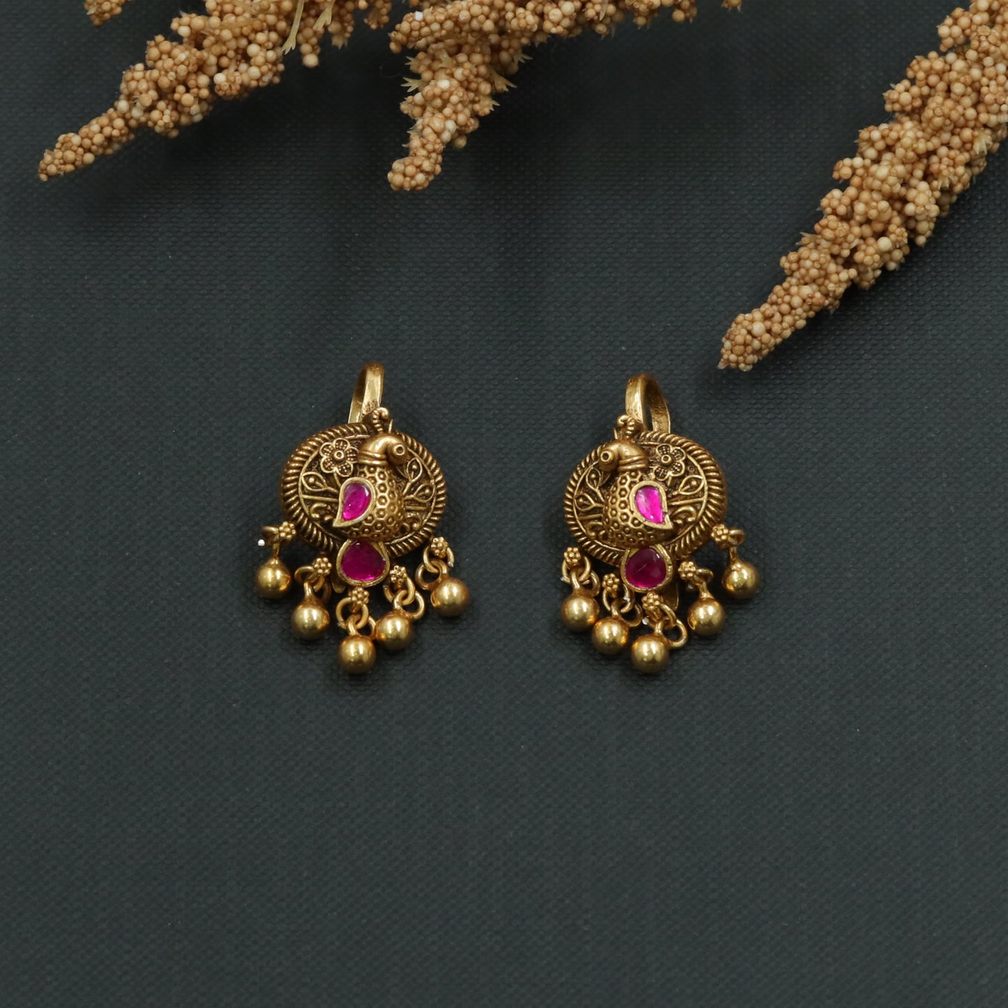 Classic Peacock Circular Silver Bugadi with Bead Drop Accents
