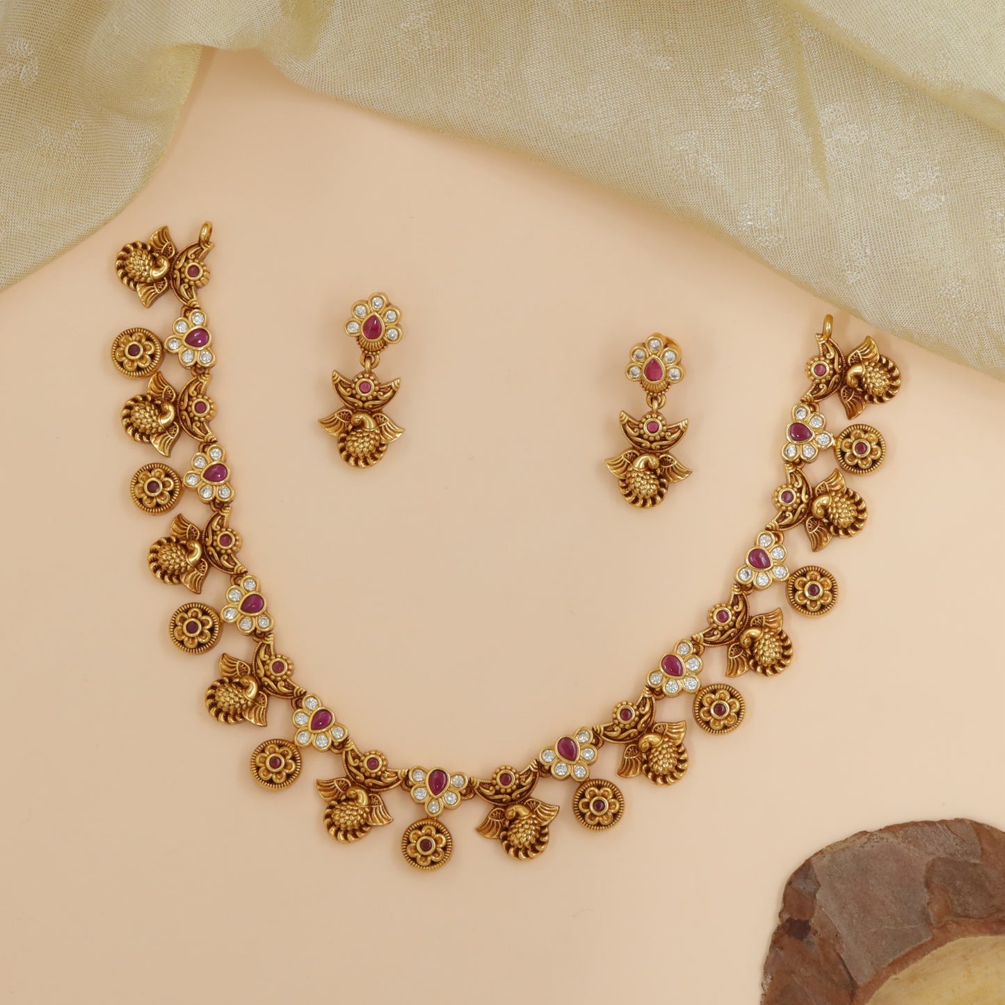 Silver Peacock Shell Motif Necklace Set