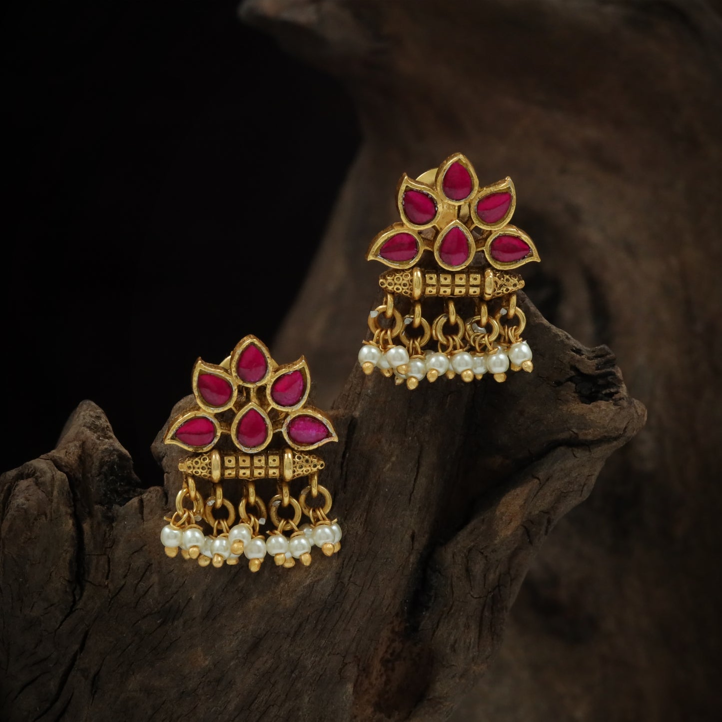Silver Ruby Petal Pearl Drop Hanging Earrings