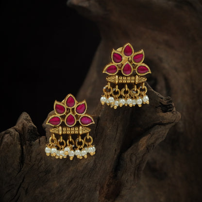 Silver Ruby Petal Pearl Drop Hanging Earrings