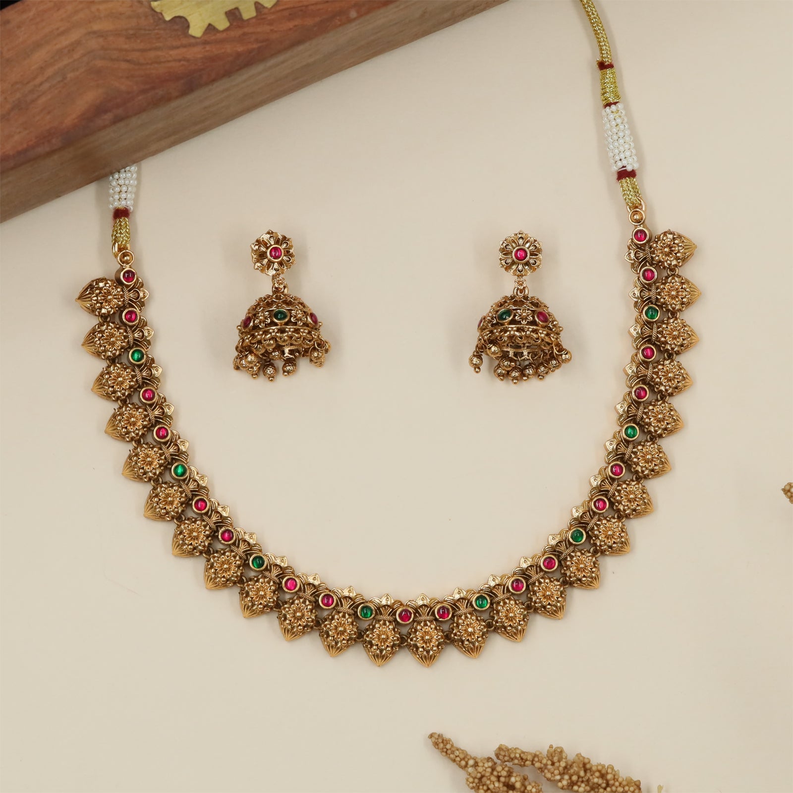 Antique Leaf Drop Necklace with Raised Floral Connector Pattern