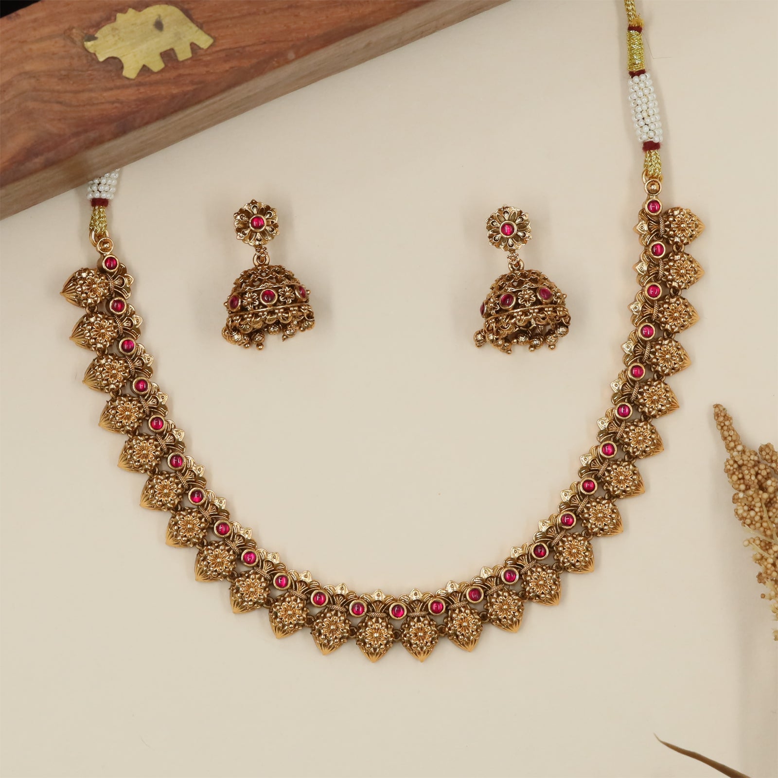 Antique Leaf Drop Necklace with Raised Floral Connector Pattern