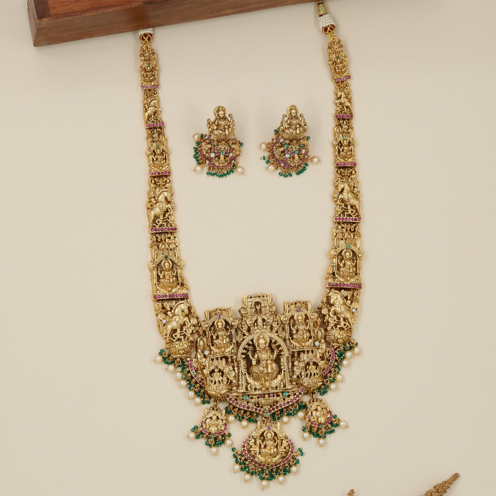Indulekshini Lakshmi Antique Long Haara with Structured Temple Alignment and Pendant Fringe Work