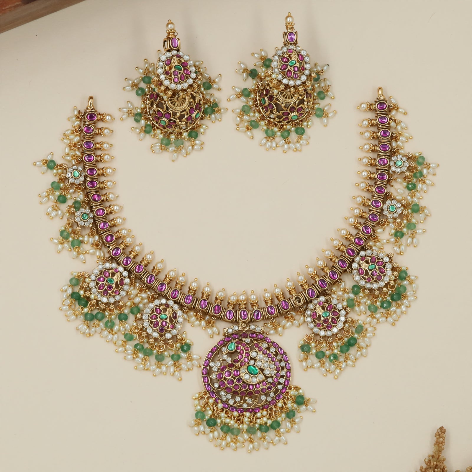 Premium Ornate Necklace with Floral Cluster Frames and Hanging Pearl Detailing