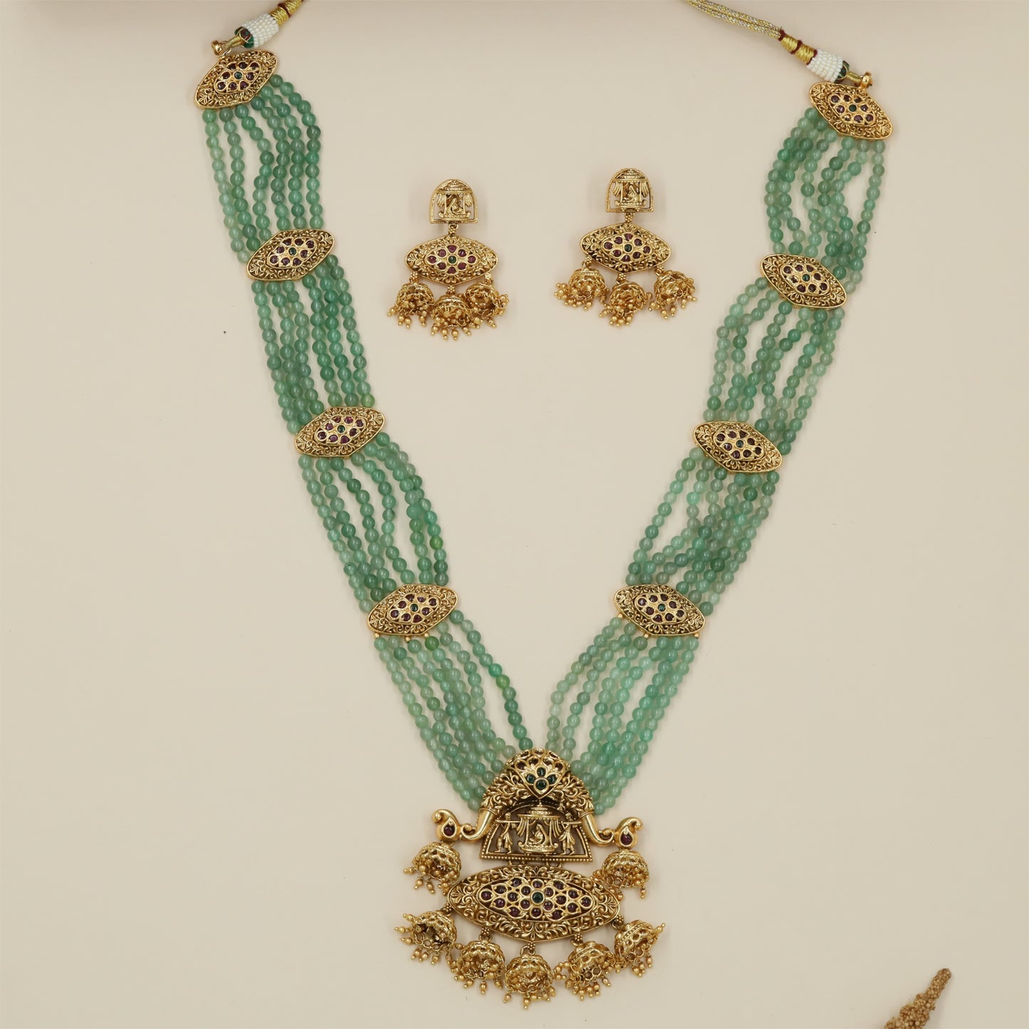 Indulekshini Antique Beads Long Haara with Multi Strand Layout and Temple Border Work
