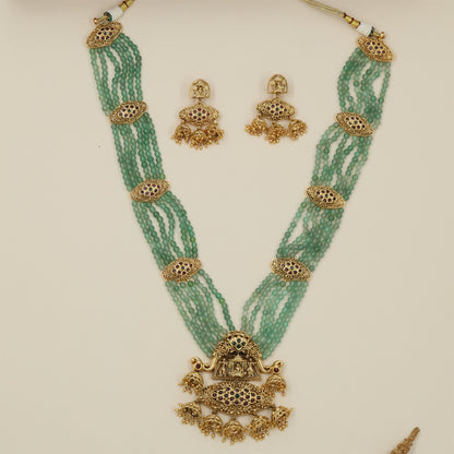 Indulekshini Antique Beads Long Haara with Multi Strand Layout and Temple Border Work