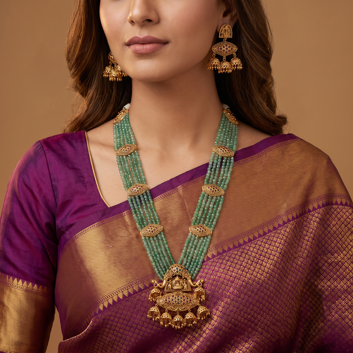 Indulekshini Antique Beads Long Haara with Multi Strand Layout and Temple Border Work