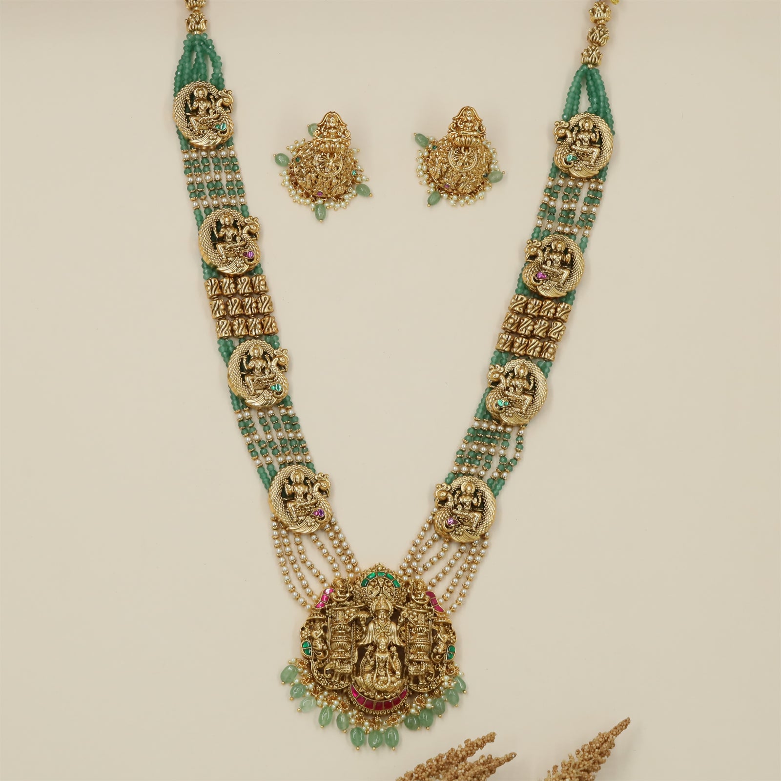 Aadishakti Lakshmi Venkateshwara Antique Beads Long Haara with Circular Temple Frames and Grand Pendant Detailing