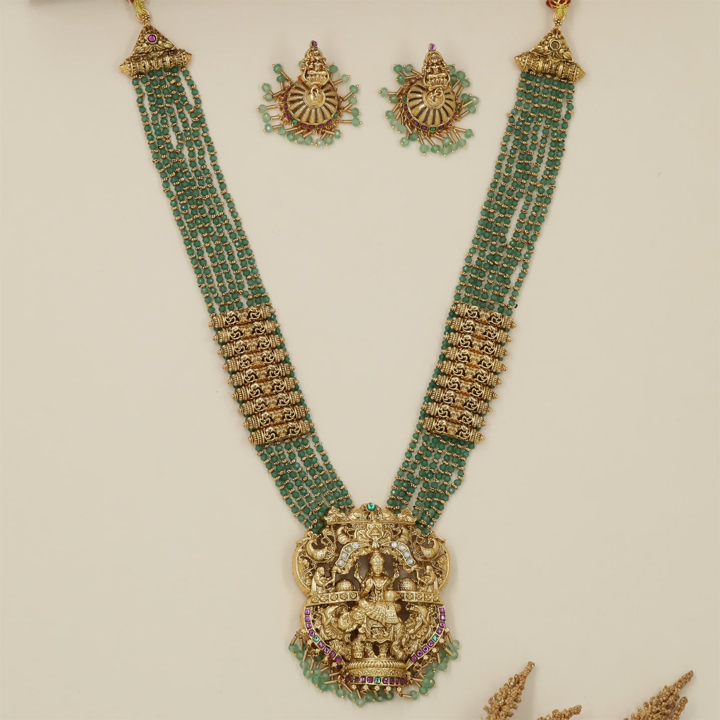 Indulekha Lakshmi Antique Beads Long Haara with Raised Pendant Sections and Bead Fringe Work