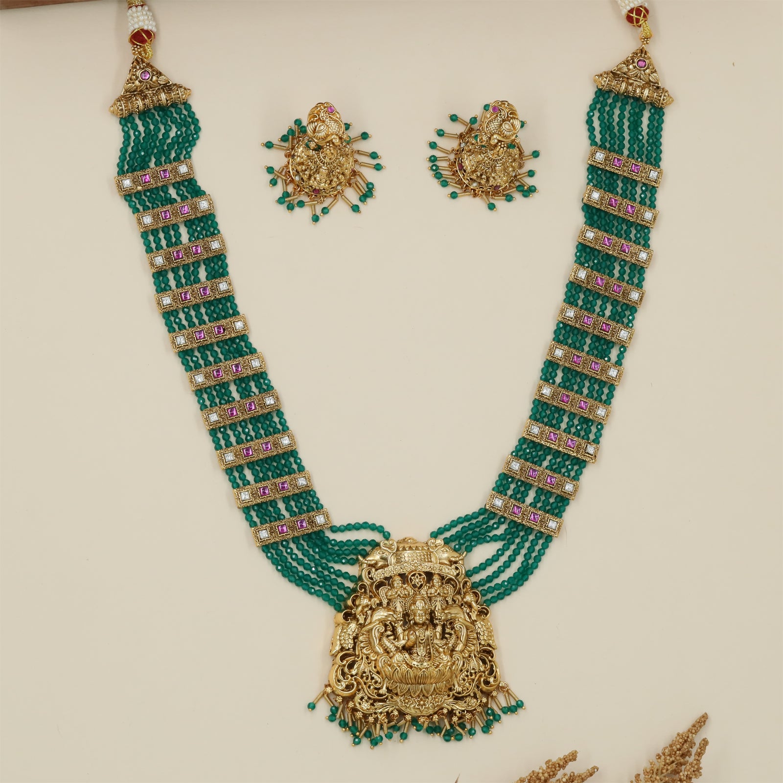 Kanchanika Lakshmi Antique Beads Long Haara with Layered Temple Borders and Pendant Surface Work