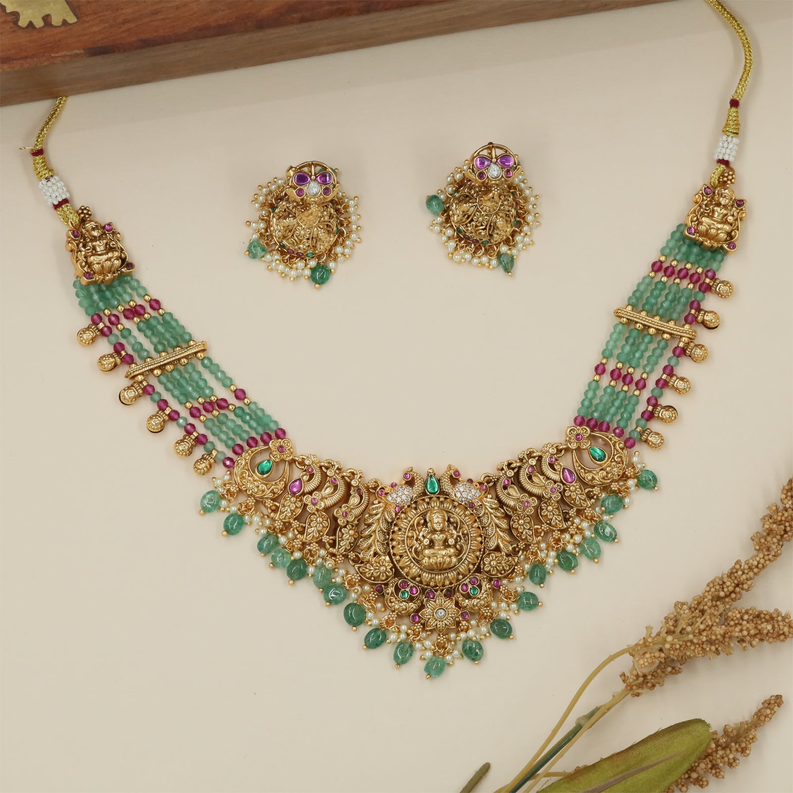 Premium Temple Beads Necklace with Lakshmi Centerpiece and Floral Surface Texture