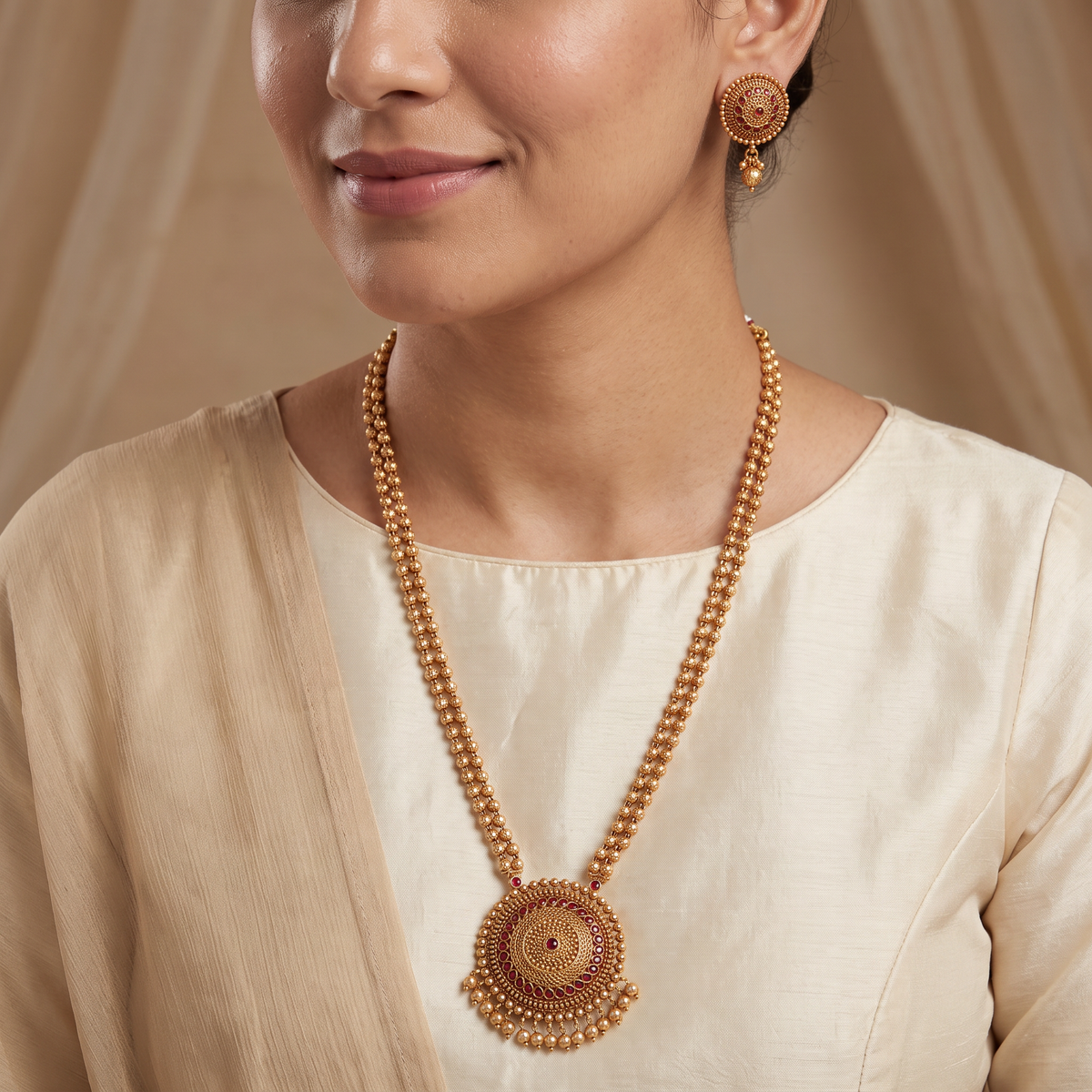 Carved Circular Antique Chain with Pendant and Fringe Detailing