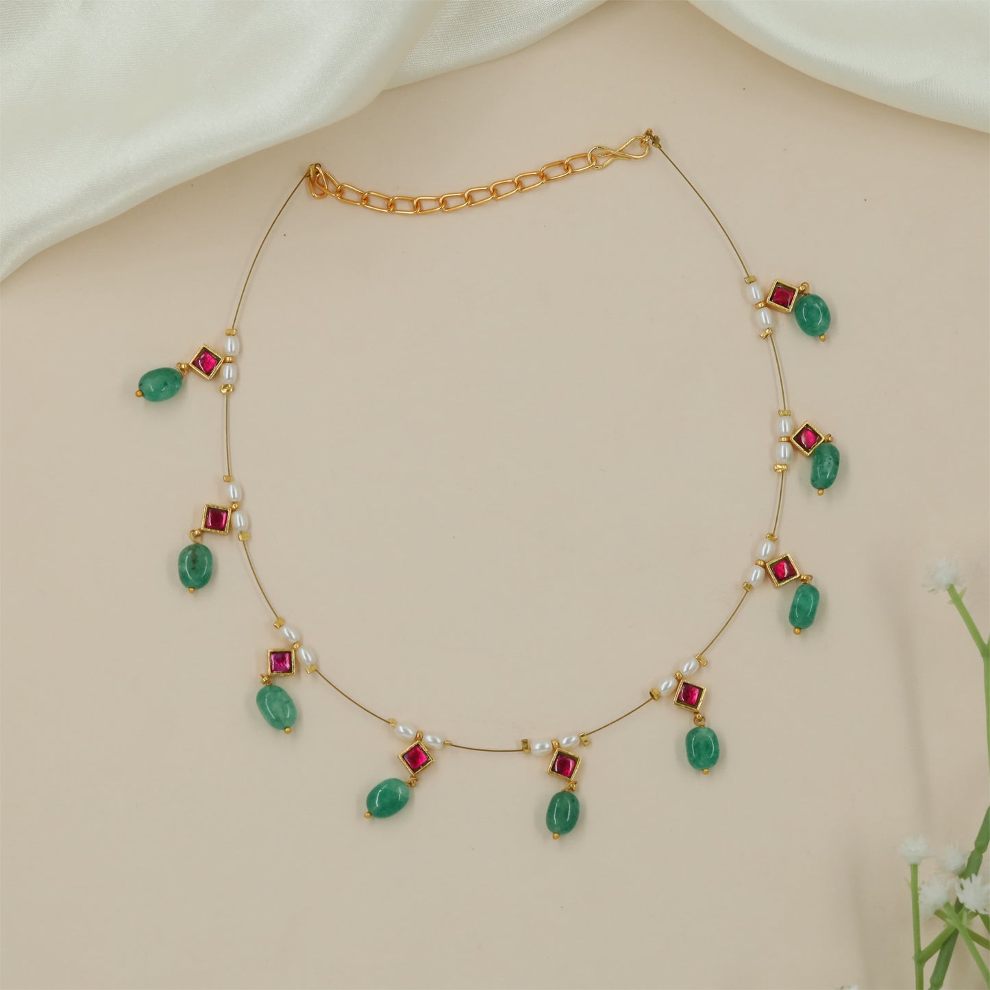 Fine Wire Jadau Necklace with Decorative Drop Styling