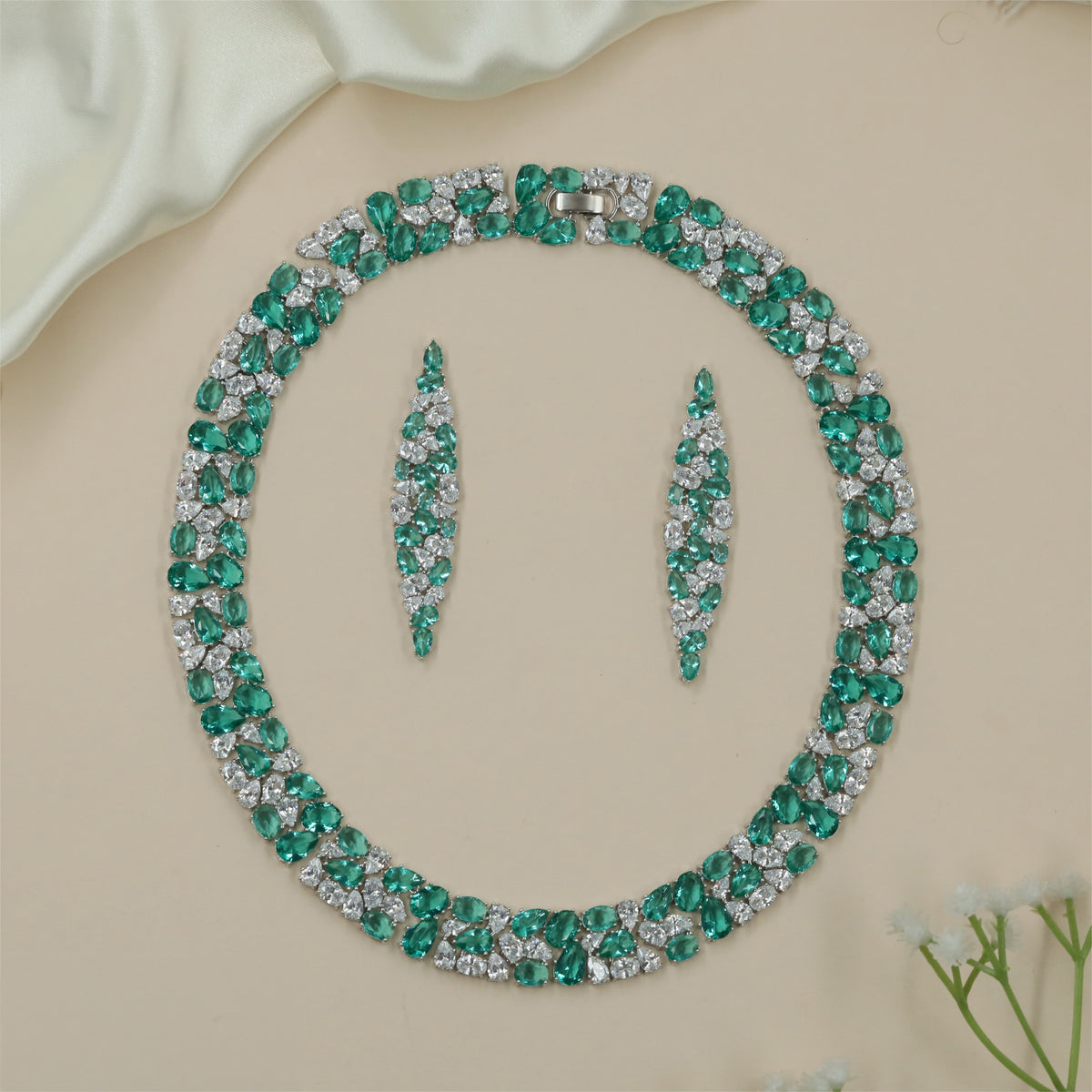 Striking Symmetrical Detailing on a Rhodium Necklace